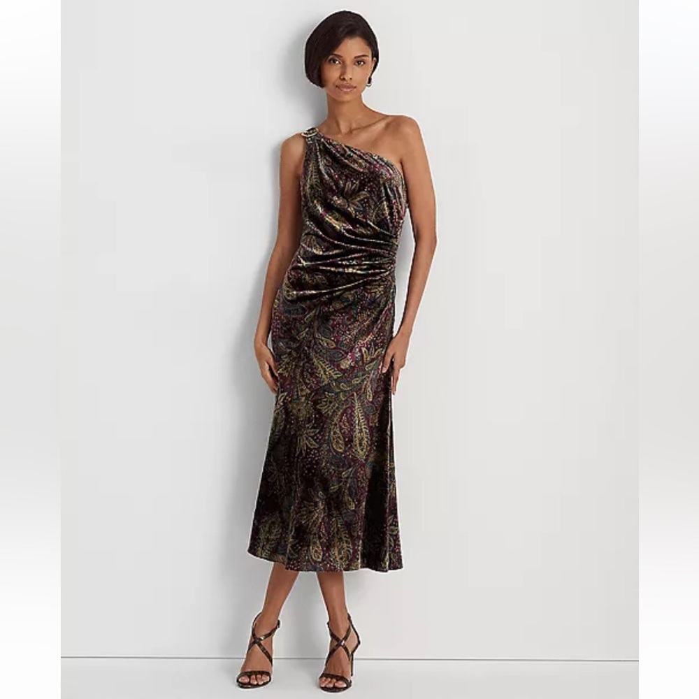 Perfect winter wedding guest look: Velvet Ralph Lauren one-shoulder dress